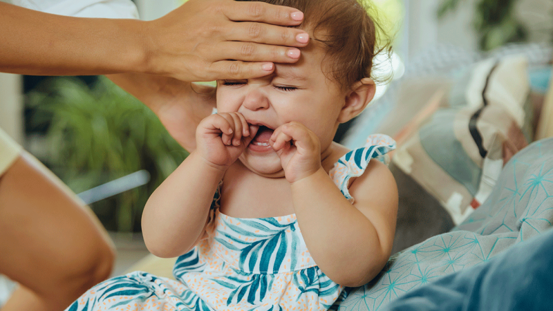 Mãe coloca mão na testa de bebé para perceber se tem febre associada a gengivo-estomatite