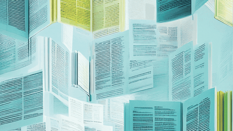 Vários livros e páginas abertas, em tons de azul e amarelo, flutuam sobre um fundo azul-claro, criando uma composição leve e abstrata relacionada à leitura e pesquisa.