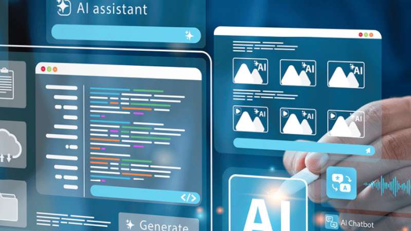Vários ícones e janelas flutuantes relacionadas à inteligência artificial, incluindo códigos, geradores de conteúdo, assistentes virtuais e imagens criadas por IA, com uma mão a interagir no ecrã