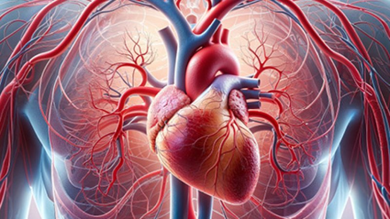 Ilustração médica do tronco humano com destaque para o coração e o sistema circulatório, mostrando artérias e veias em vermelho e azul.