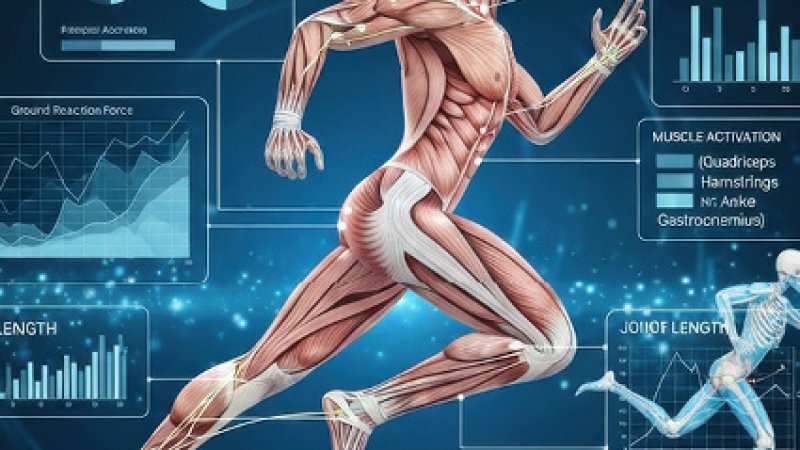 Ilustração de um corredor em movimento com a musculatura exposta, acompanhada por gráficos e painéis de dados sobre força de reação ao solo, ângulo das articulações e ativação muscular, em fundo azul tecnológico.