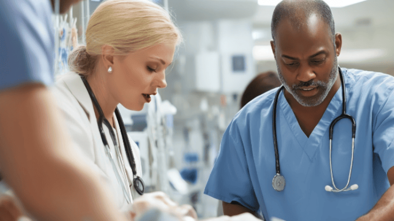 Três médicos a atender colaborativamente um paciente