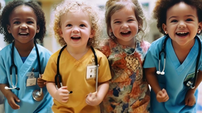 Quatro crianças pequenas sorridentes, duas vestidas com roupas médicas e estetoscópios, em ambiente hospitalar, representando cuidado infantil, saúde e brincadeira.