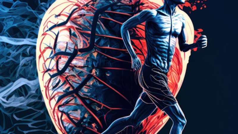 Ilustração digital de um coração humano estilizado com vasos sanguíneos destacados em vermelho, ao lado da silhueta de um homem a correr, representando atividade física e saúde cardiovascular.