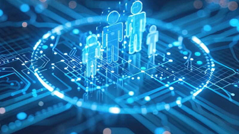 Ilustração digital de figuras humanas estilizadas em formato luminoso, ligadas por um círculo sobre um fundo que simula um circuito tecnológico, representando conectividade, rede ou comunidade digital.