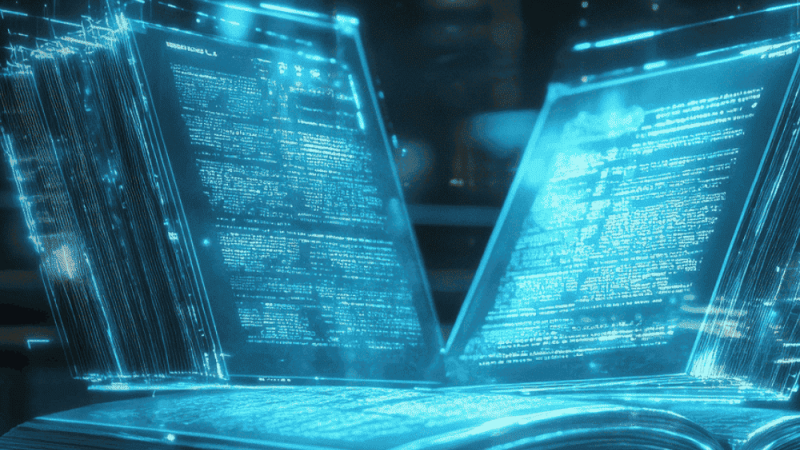 Um livro digital futurista, aberto e a flutuar num ambiente escuro, com páginas luminosas em tons de azul que exibem texto e dados, sugerindo tecnologia avançada e transmissão de conhecimento.