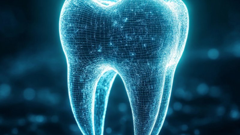Desenho 3d de um dente em tons de azul.