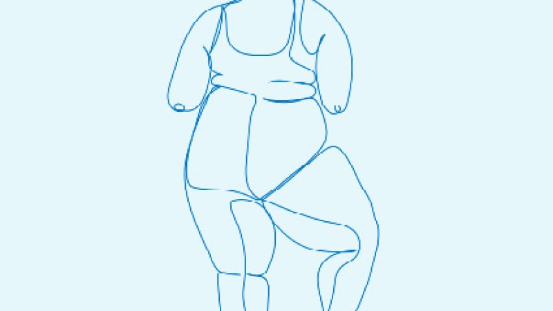 Ilustração minimalista em linha azul de uma mulher com corpo curvilíneo em posição de equilíbrio sobre uma perna, com a outra perna dobrada, sobre um fundo claro.