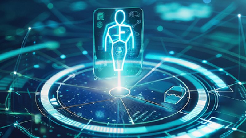 Uma ilustração digital de estilo futurista e tecnológico, com foco em saúde digital, medicina de precisão ou biotecnologia