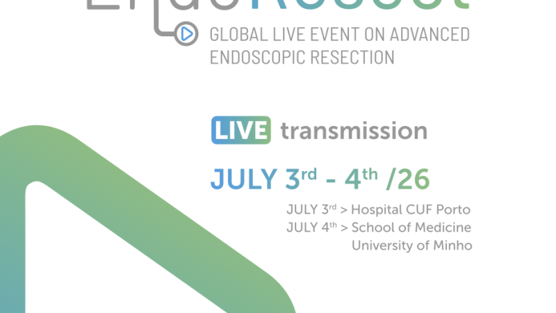 Cartaz promocional com fundo claro para o evento “EndoResect”. O título aparece em destaque com um design moderno e cores em degradê. Abaixo, lê-se “Global live event on advanced endoscopic resection”. Há indicação de “LIVE transmission” e as datas “July 3rd – 4th /26”. O cartaz informa ainda os locais: 3 de julho no Hospital CUF Porto e 4 de julho na School of Medicine da University of Minho. No canto inferior, surgem os logótipos das entidades organizadoras e parceiras.