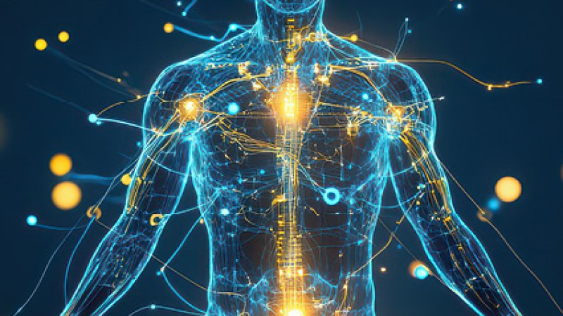 Representação digital e futurista do corpo humano em formato de holograma azul, destacando o sistema nervoso e vias de energia com pontos de luz dourados e azuis interconectados.