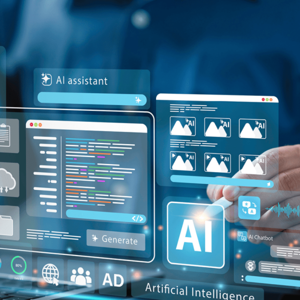 Vários ícones e janelas flutuantes relacionadas à inteligência artificial, incluindo códigos, geradores de conteúdo, assistentes virtuais e imagens criadas por IA, com uma mão a interagir no ecrã