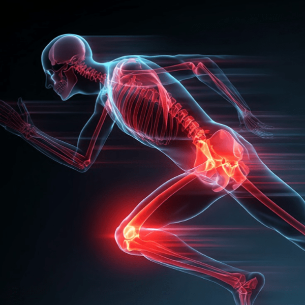 Ilustração de um corpo humano em movimento, mostrando o esqueleto com destaque em vermelho nas articulações do quadril e do joelho para indicar esforço ou dor.