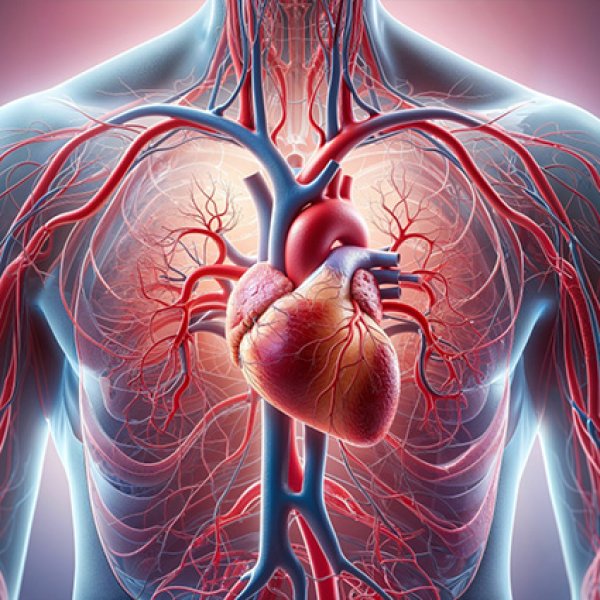 Ilustração médica do tronco humano com destaque para o coração e o sistema circulatório, mostrando artérias e veias em vermelho e azul.