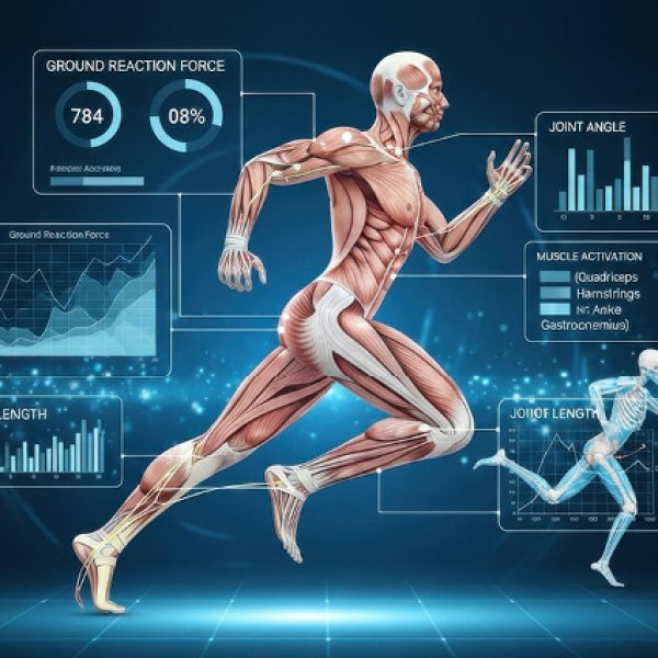 Ilustração de um corredor em movimento com a musculatura exposta, acompanhada por gráficos e painéis de dados sobre força de reação ao solo, ângulo das articulações e ativação muscular, em fundo azul tecnológico.