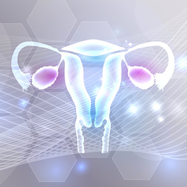 Ilustração estilizada do sistema reprodutor feminino - útero, trompas de Falópio e ovários, em tons azulados e lilás, sobre fundo abstrato com elementos geométricos e linhas tecnológicas.