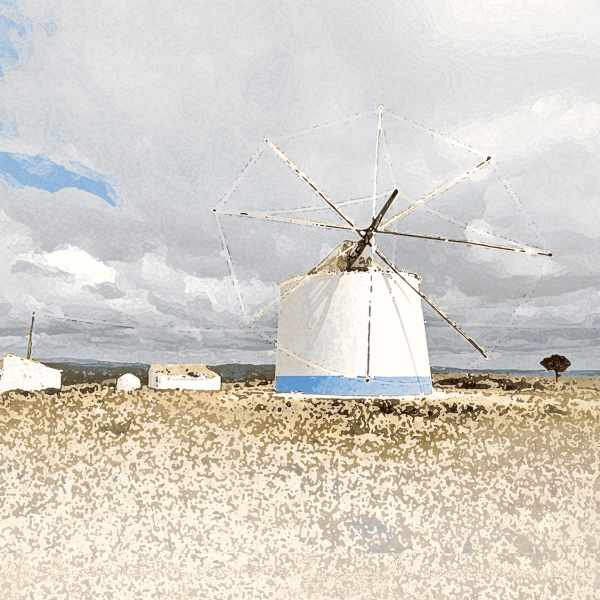 Campo no Oeste com moinho de vento branco com base azul e pequenas casas brancas de telhado vermelho ao fundo, sob um céu nublado