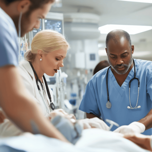 Três médicos a atender colaborativamente um paciente