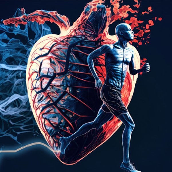 Ilustração digital de um coração humano estilizado com vasos sanguíneos destacados em vermelho, ao lado da silhueta de um homem a correr, representando atividade física e saúde cardiovascular.