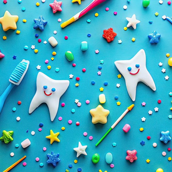 Fundo azul vibrante com vários elementos coloridos espalhados, incluindo duas figuras de dentes sorridentes, estrelas, pequenos confeitos e escovas de dentes.