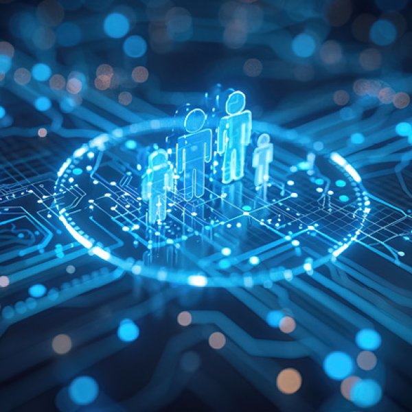 Ilustração digital de figuras humanas estilizadas em formato luminoso, ligadas por um círculo sobre um fundo que simula um circuito tecnológico, representando conectividade, rede ou comunidade digital.