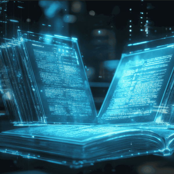 Um livro digital futurista, aberto e a flutuar num ambiente escuro, com páginas luminosas em tons de azul que exibem texto e dados, sugerindo tecnologia avançada e transmissão de conhecimento.