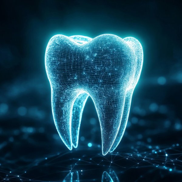 Desenho 3d de um dente em tons de azul.