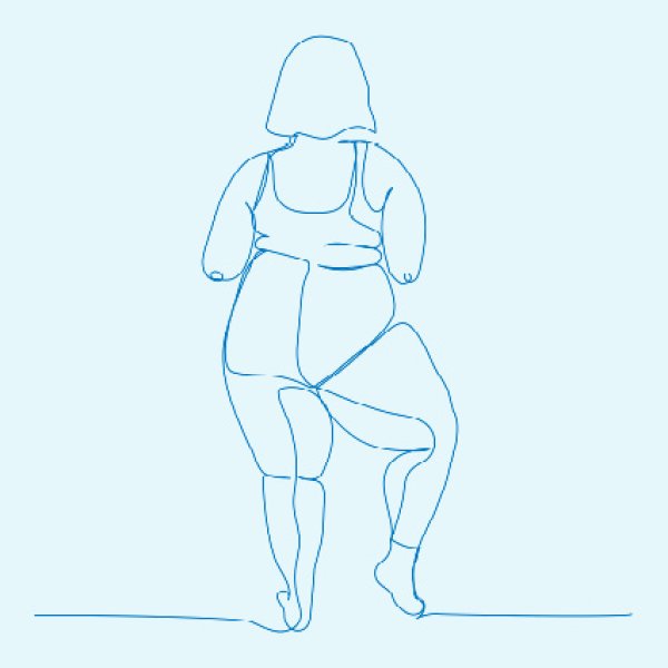 Ilustração minimalista em linha azul de uma mulher com corpo curvilíneo em posição de equilíbrio sobre uma perna, com a outra perna dobrada, sobre um fundo claro.
