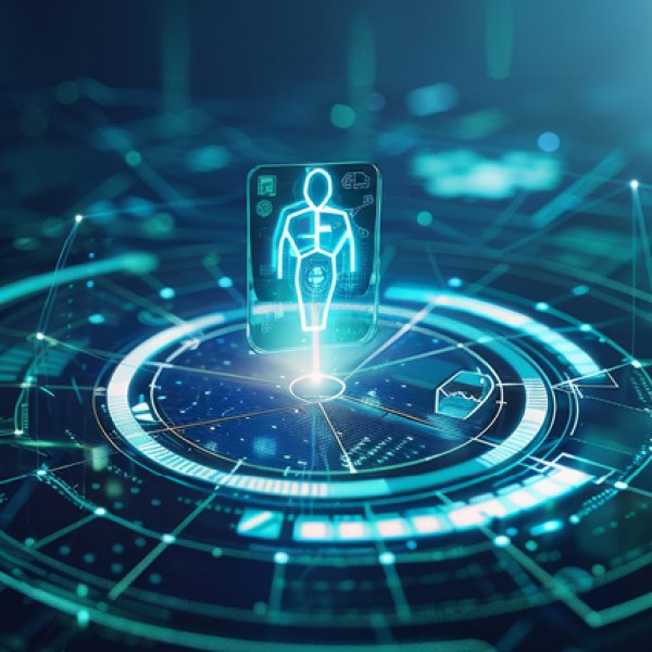 Uma ilustração digital de estilo futurista e tecnológico, com foco em saúde digital, medicina de precisão ou biotecnologia