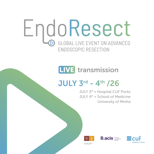 Cartaz promocional com fundo claro para o evento “EndoResect”. O título aparece em destaque com um design moderno e cores em degradê. Abaixo, lê-se “Global live event on advanced endoscopic resection”. Há indicação de “LIVE transmission” e as datas “July 3rd – 4th /26”. O cartaz informa ainda os locais: 3 de julho no Hospital CUF Porto e 4 de julho na School of Medicine da University of Minho. No canto inferior, surgem os logótipos das entidades organizadoras e parceiras.