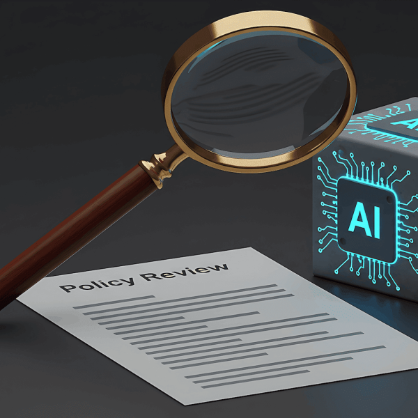 Imagem gerada por inteligência artificial com uma lupa, um papel com o texto "Policy Review" e um cubo com a legenda "AI" em azul metálico