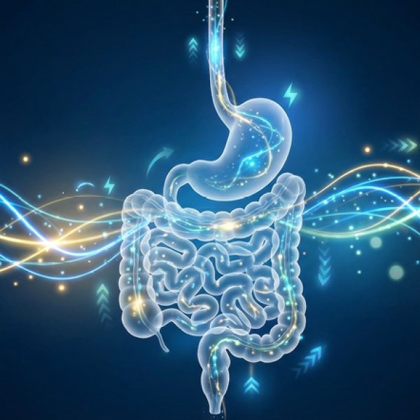 Ilustração digital e luminosa do sistema digestório humano, destacando o esôfago, estômago e intestinos com fluxos de energia e luzes brilhantes em azul e dourado.