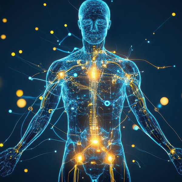 Representação digital e futurista do corpo humano em formato de holograma azul, destacando o sistema nervoso e vias de energia com pontos de luz dourados e azuis interconectados.