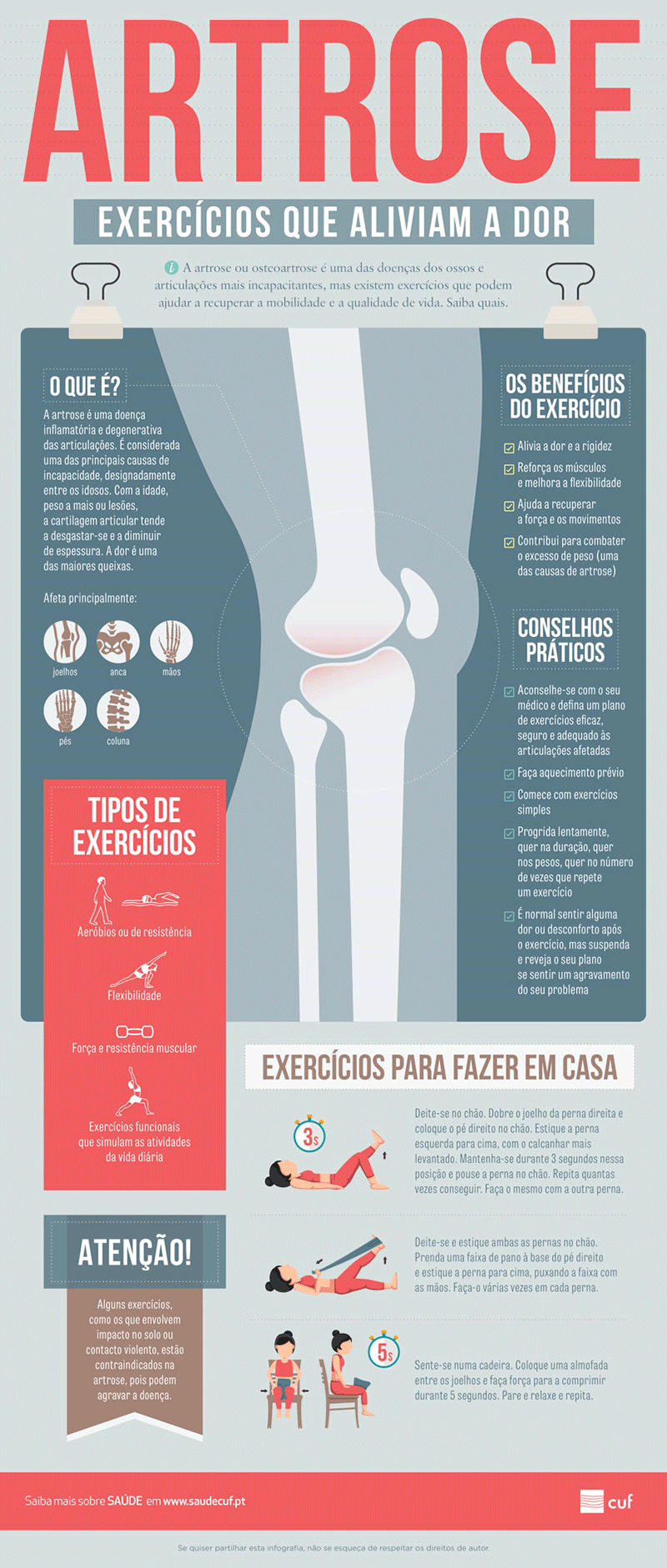 Infografia sobre exercícios que aliviam a dor da artrose