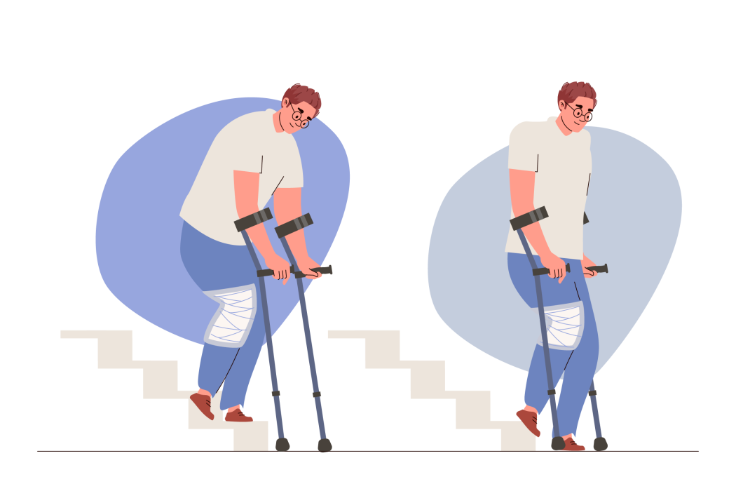 Ilustração de homem com canadianas a descer escadas sem carga