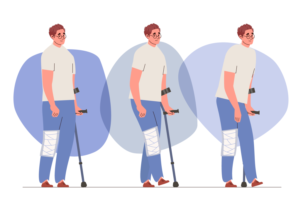 Ilustração de homem a caminhar com uma muleta