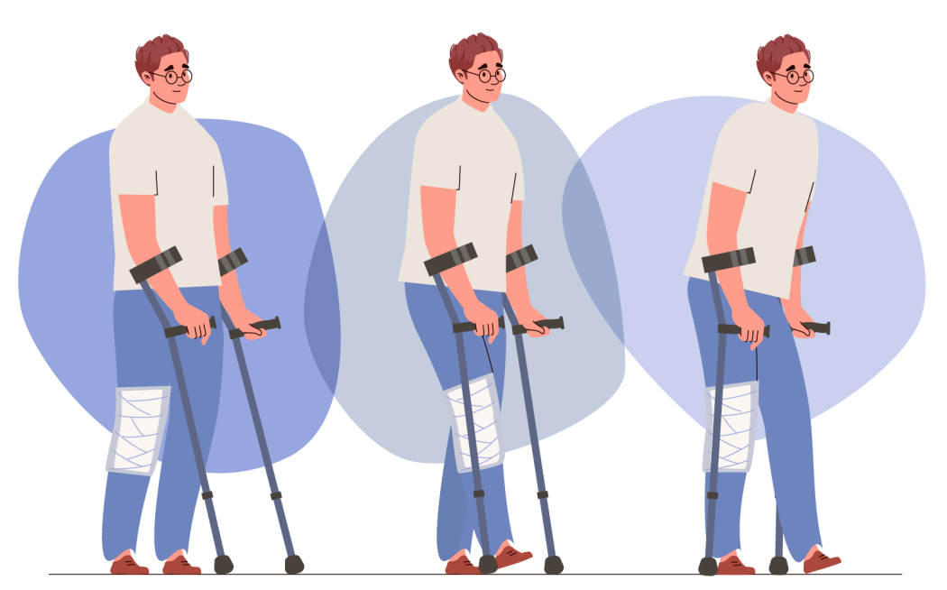 Ilustração de homem com canadianas a caminhar com carga parcial na perna lesionada