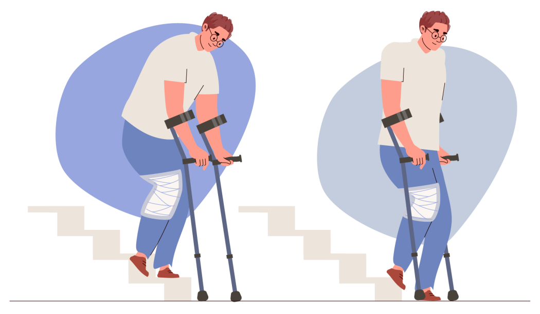 Ilustração de homem com canadianas a descer escadas sem carga