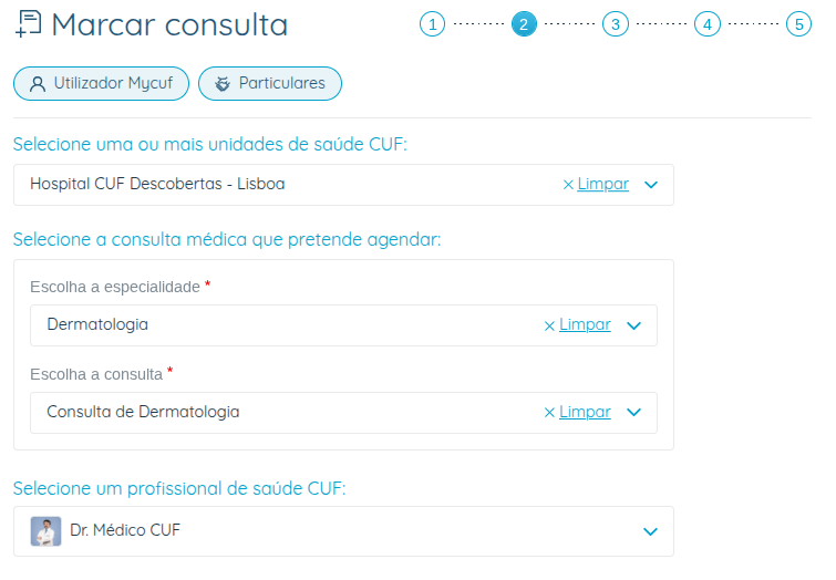 My CUF - Identificação da Unidade/ especialidade/ rubrica/ médico