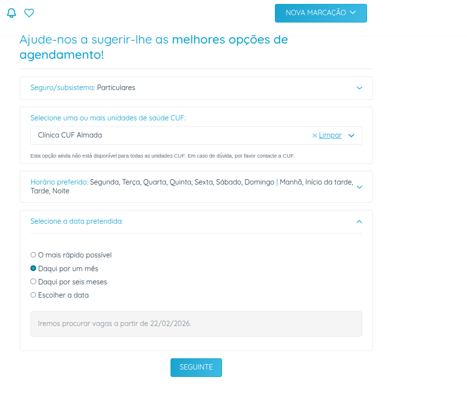 My CUF - Definição de horario e data pretendidos