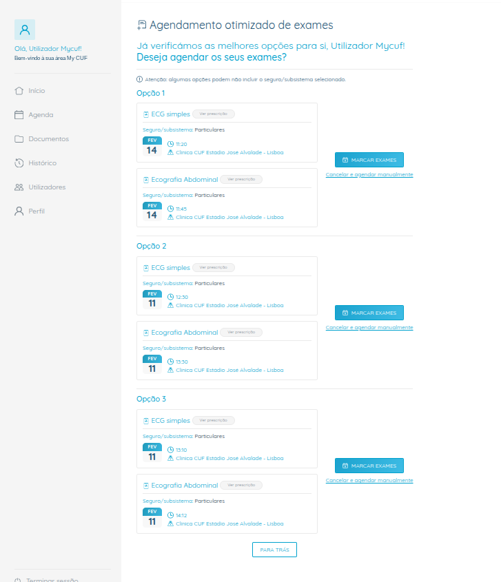 My CUF - Opções para marcação de vários exames