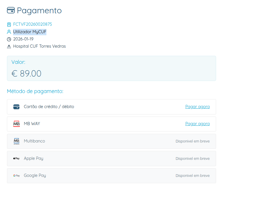 My CUF - selecionar método de pagamento