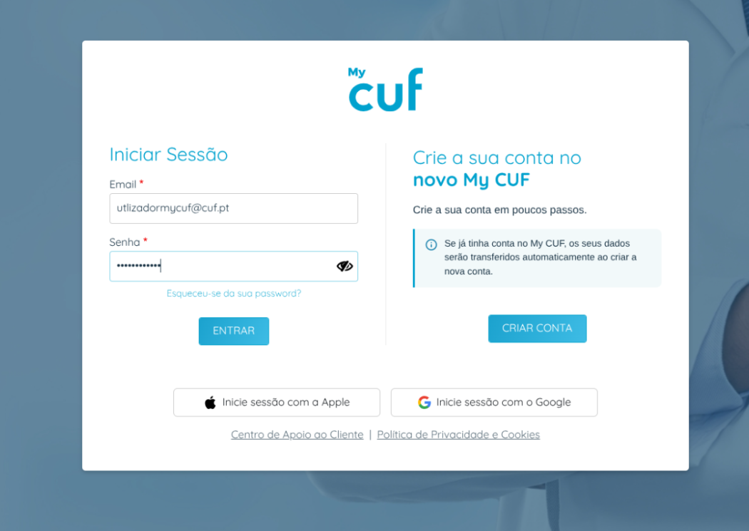 Adesão My CUF - Email e password