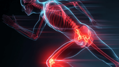 Ilustração de um corpo humano em movimento, mostrando o esqueleto com destaque em vermelho nas articulações do quadril e do joelho para indicar esforço ou dor.