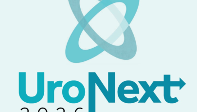 Logotipo do evento UroNext 2026, com um símbolo abstrato em tons de azul sobre o nome “UroNext" e o ano “2026" abaixo.