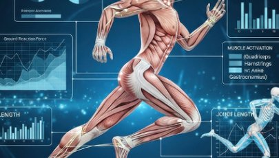 Ilustração de um corredor em movimento com a musculatura exposta, acompanhada por gráficos e painéis de dados sobre força de reação ao solo, ângulo das articulações e ativação muscular, em fundo azul tecnológico.