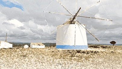 Campo no Oeste com moinho de vento branco com base azul e pequenas casas brancas de telhado vermelho ao fundo, sob um céu nublado