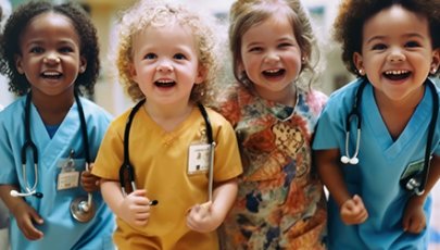 Quatro crianças pequenas sorridentes, duas vestidas com roupas médicas e estetoscópios, em ambiente hospitalar, representando cuidado infantil, saúde e brincadeira.