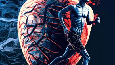 Ilustração digital de um coração humano estilizado com vasos sanguíneos destacados em vermelho, ao lado da silhueta de um homem a correr, representando atividade física e saúde cardiovascular.