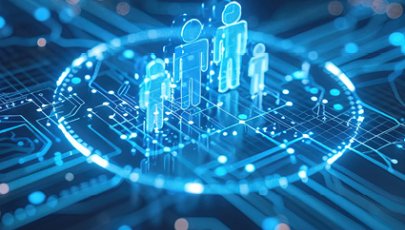 Ilustração digital de figuras humanas estilizadas em formato luminoso, ligadas por um círculo sobre um fundo que simula um circuito tecnológico, representando conectividade, rede ou comunidade digital.